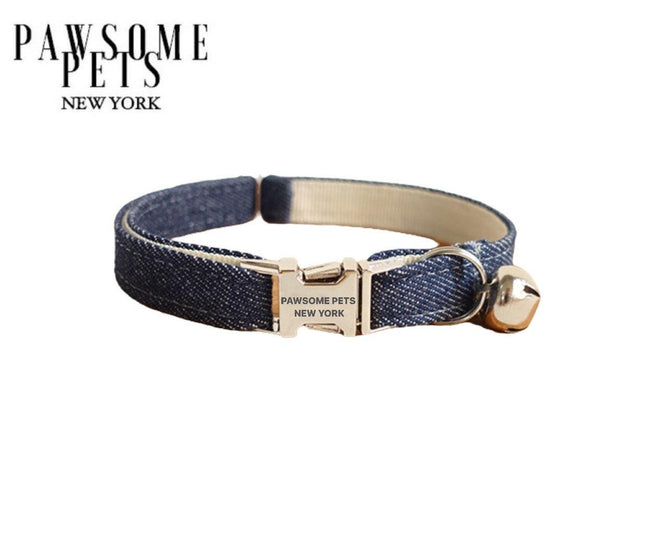 Denim cat collar with gold bell and buckle, Pawsome Pets New York branding