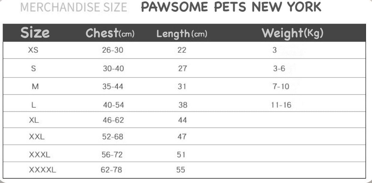 Pawsome Pets New York pet size chart with chest, length, and weight measurements for XS to XXXXL