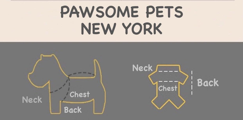 Dog size chart showing neck, chest, and back measurements for pet apparel