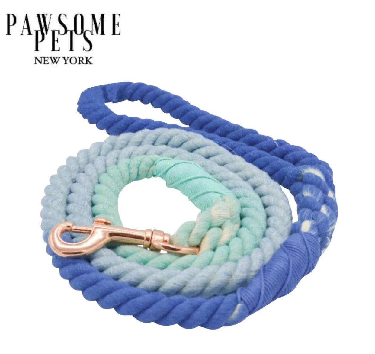 Blue and mint rope dog leash with rose gold clip, premium pet accessory for walks