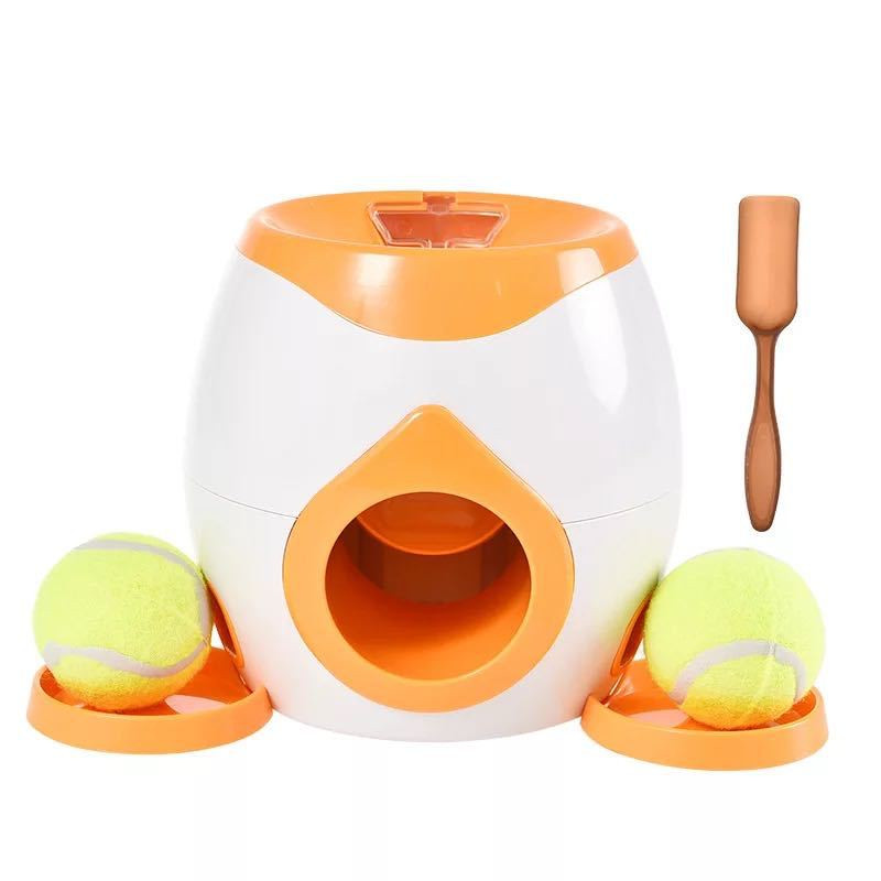 Automatic pet ball launcher with tennis balls and scoop for dog play and exercise