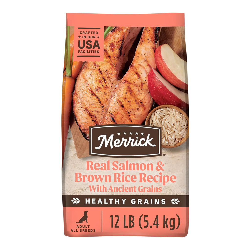 Merrick Real Salmon & Brown Rice Recipe dog food for adult all breeds, 12 lb bag with ancient grains