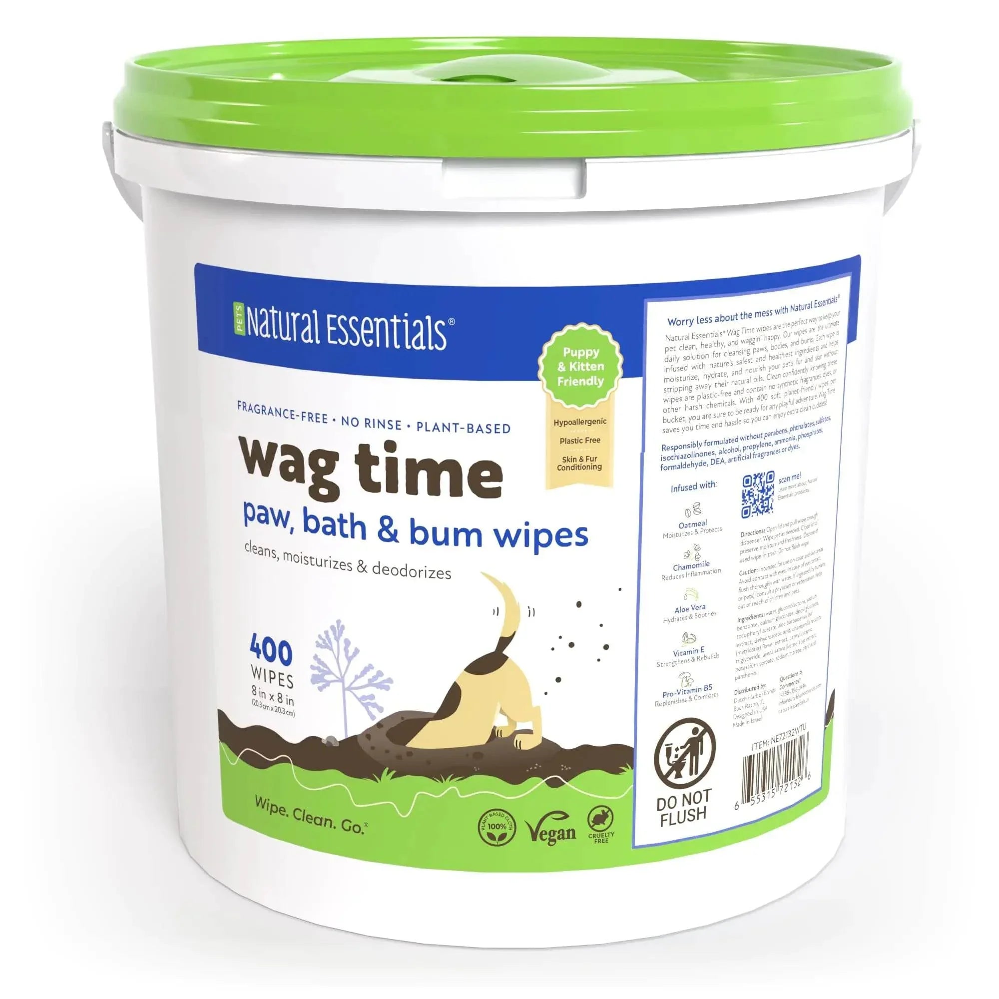 Natural Essentials Wag Time pet wipes for paw, bath & bum cleaning ? 400 count, plant-based, hypoallergenic, vegan