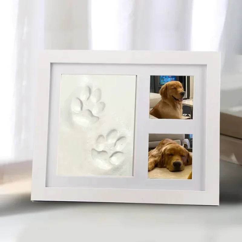 White pet photo frame with dog paw print mold and two golden retriever photos, perfect for pet lovers