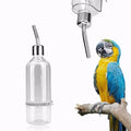 Clear bird water bottle with metal nozzle for parrots, featuring blue and yellow macaw perched nearby
