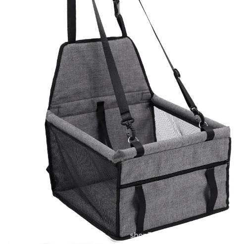 Gray pet car seat carrier with mesh sides and adjustable straps for safe dog or cat travel