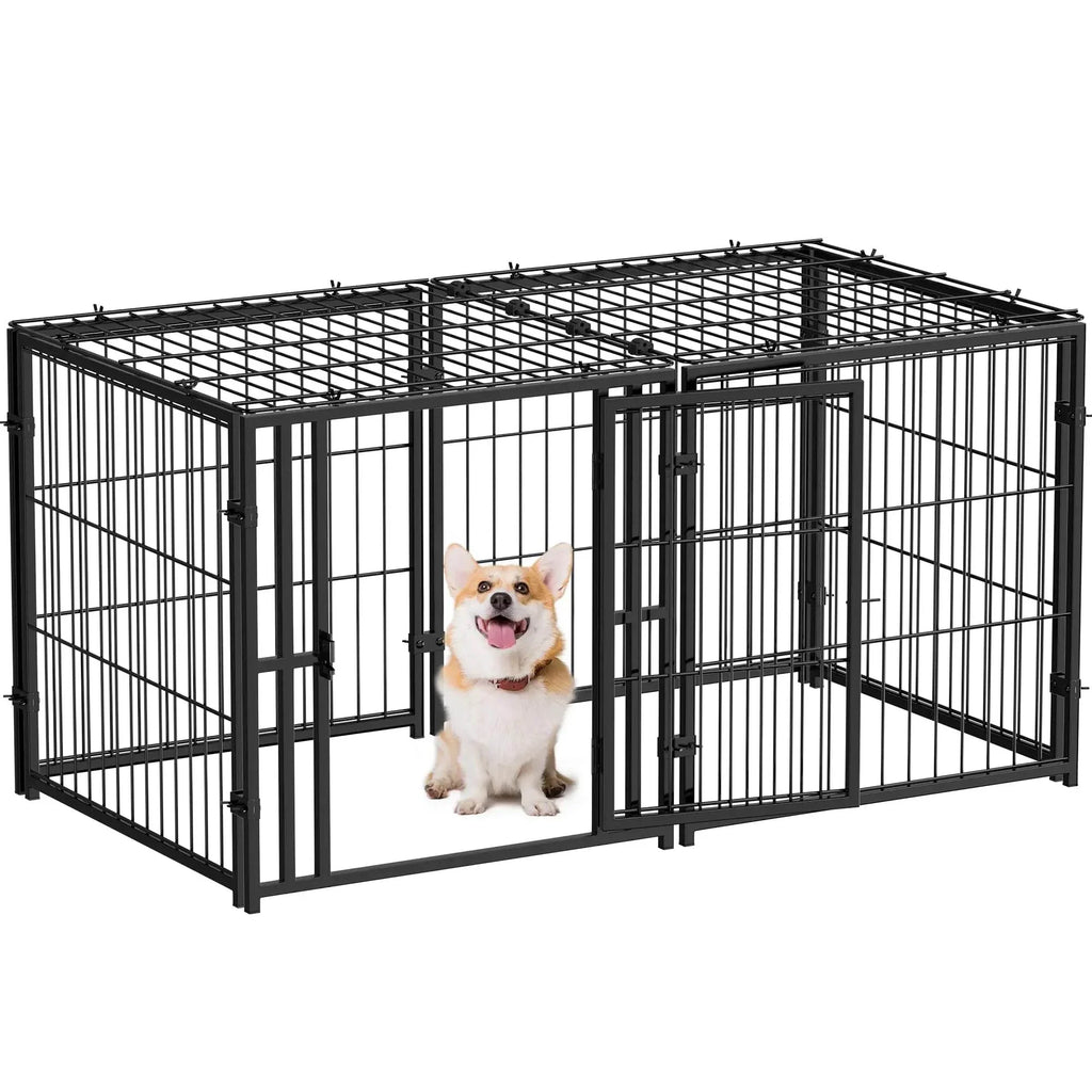 Black metal dog playpen with double doors, featuring a happy corgi inside, ideal for pet safety and exercise.