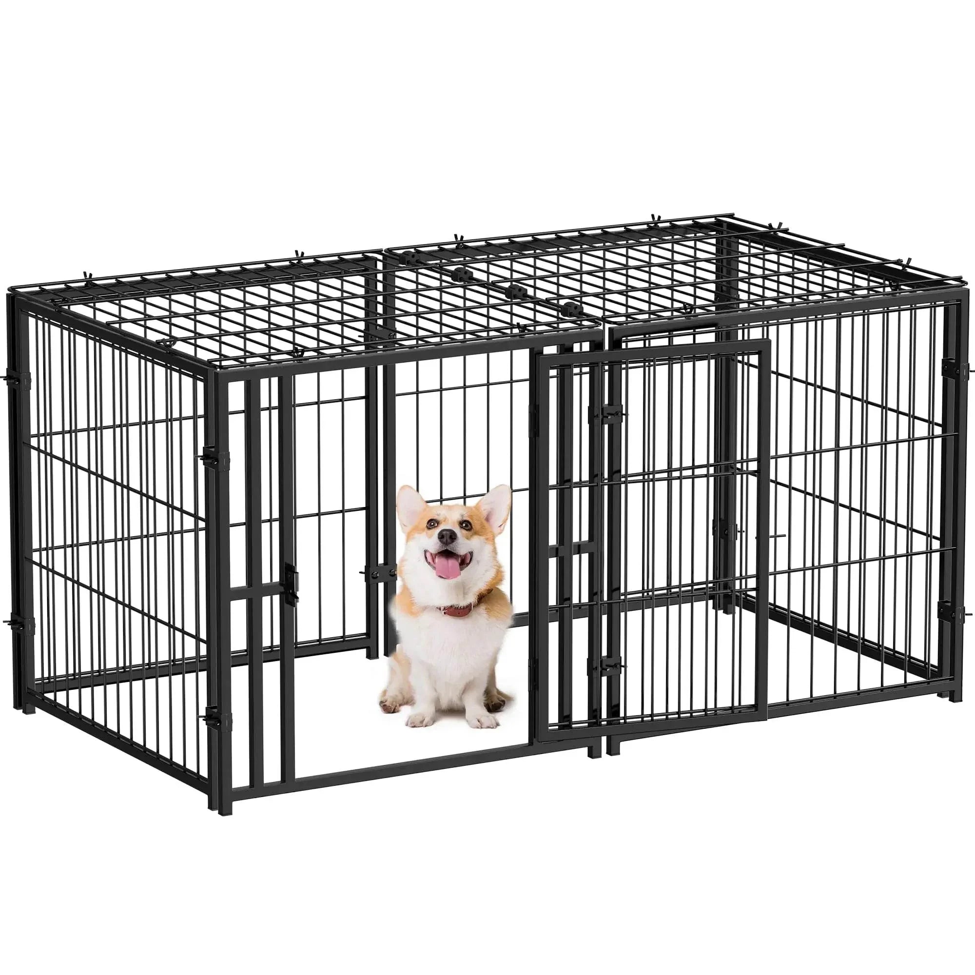 Black metal dog playpen with double doors, featuring a happy corgi inside, ideal for pet safety and exercise.