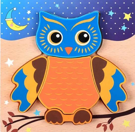 Colorful wooden owl puzzle toy for kids with night sky stars and moon background