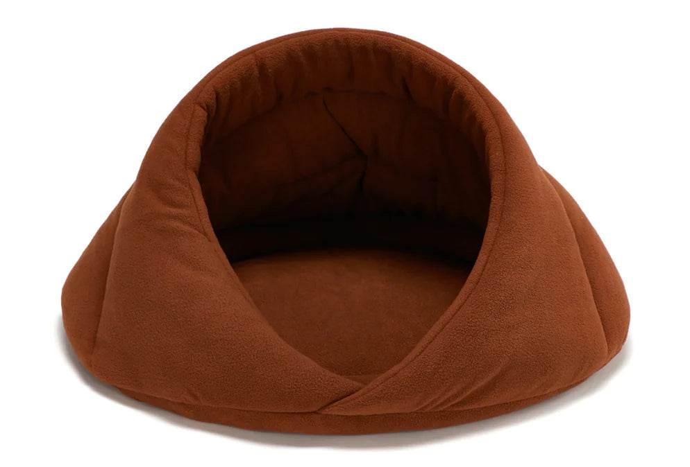 Cozy brown pet cave bed for dogs and cats, soft fleece interior, snug den-style design