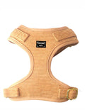 Tan ribbed dog harness with gold buckle and Pawsome Pets logo, pet accessory for comfortable walks