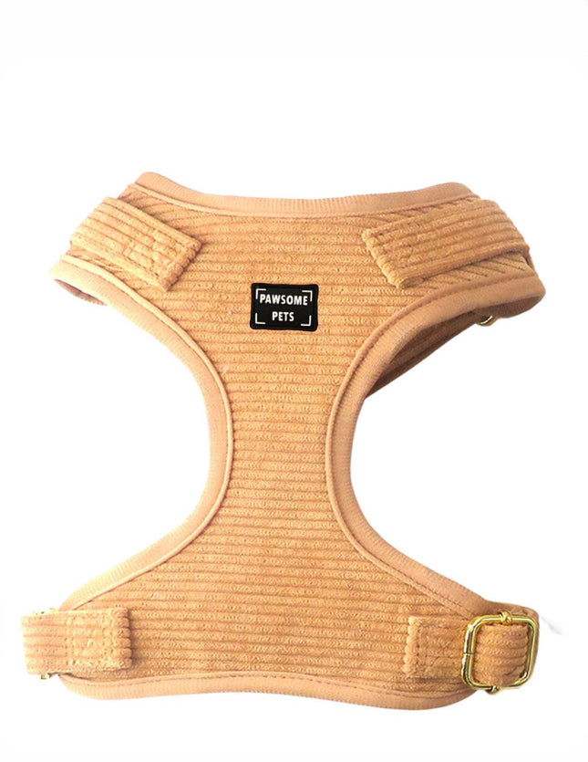 Tan ribbed dog harness with gold buckle and Pawsome Pets logo, pet accessory for comfortable walks