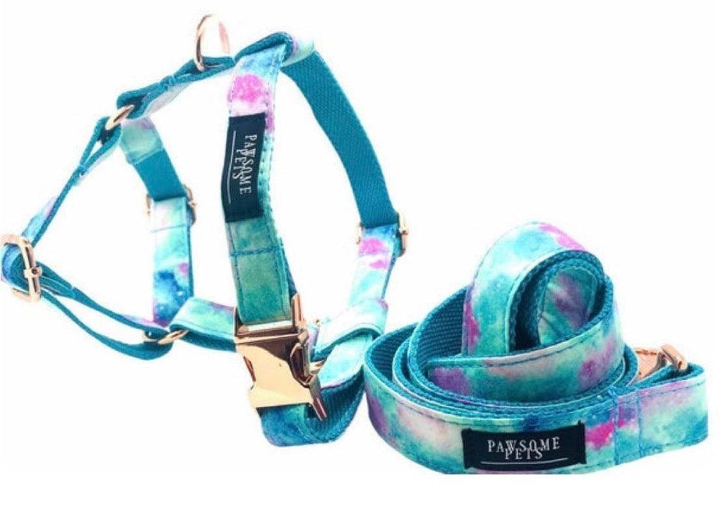 Tie-dye dog harness and leash set with gold hardware, ideal for pet walks and outdoor adventures.