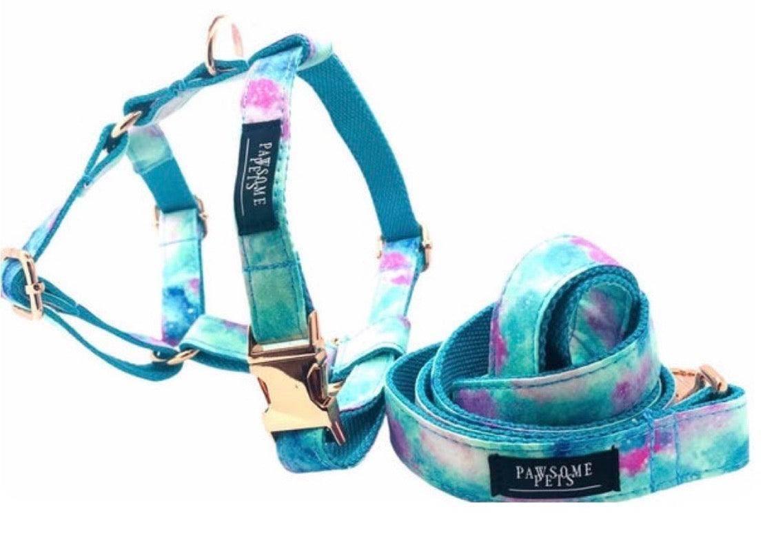 Tie-dye dog harness and leash set with gold hardware, ideal for pet walks and outdoor adventures.