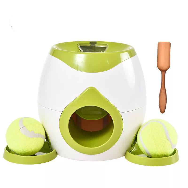 Automatic dog ball launcher with tennis balls and scoop for interactive pet play and exercise
