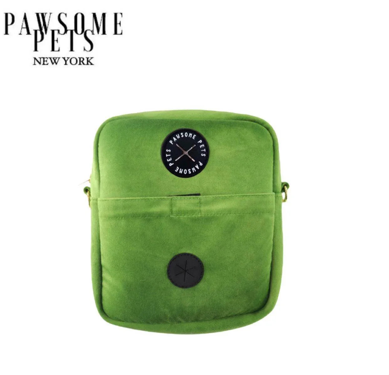 Green pet carrier bag with Pawsome Pets logo, ideal for dog and cat travel essentials