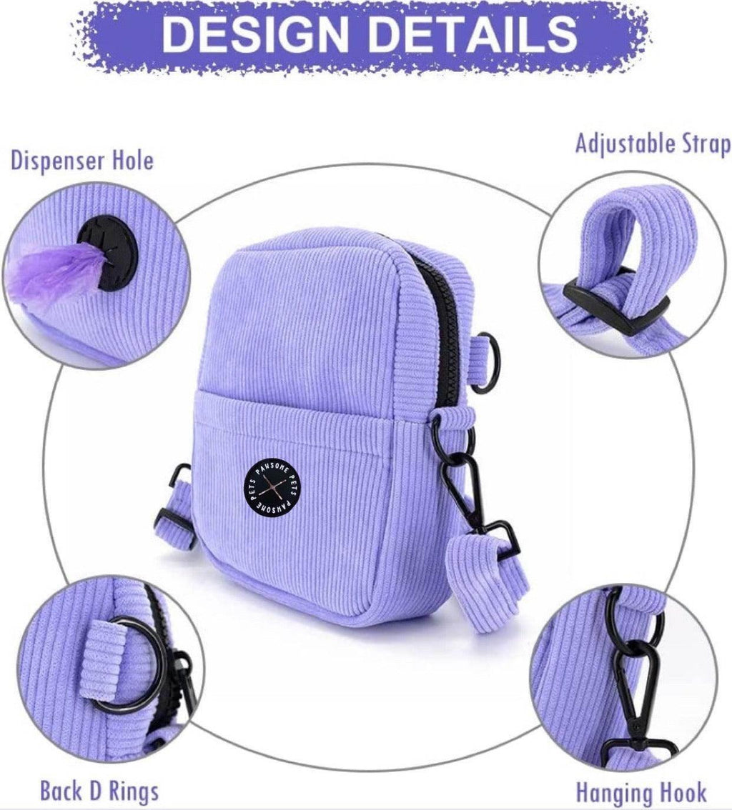 Purple corduroy pet accessory bag with adjustable strap, dispenser hole, D-rings, and hanging hook for dogs and cats