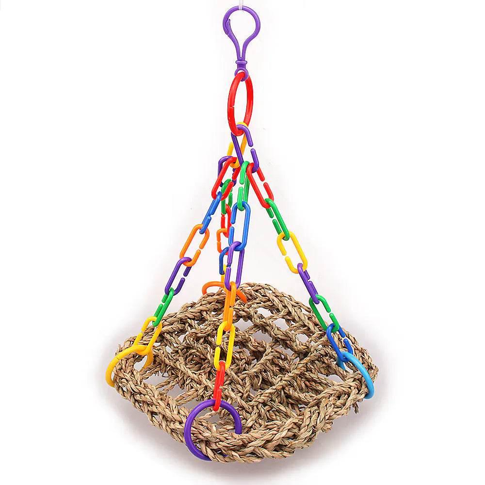 Colorful plastic chain bird swing with woven rope perch, pet toy for small birds