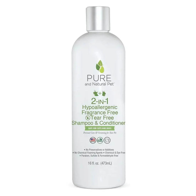 Hypoallergenic 2-in-1 pet shampoo & conditioner for cats and dogs, fragrance-free and tear-free