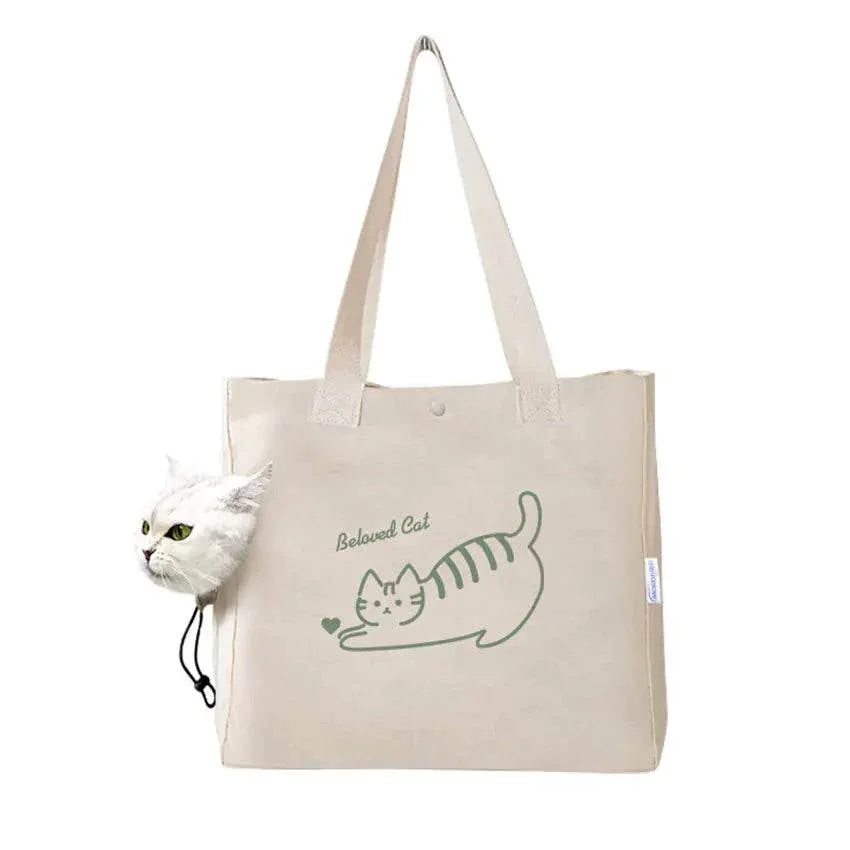 Cat-themed canvas tote bag with 'Beloved Cat' print and plush cat head accessory for pet lovers