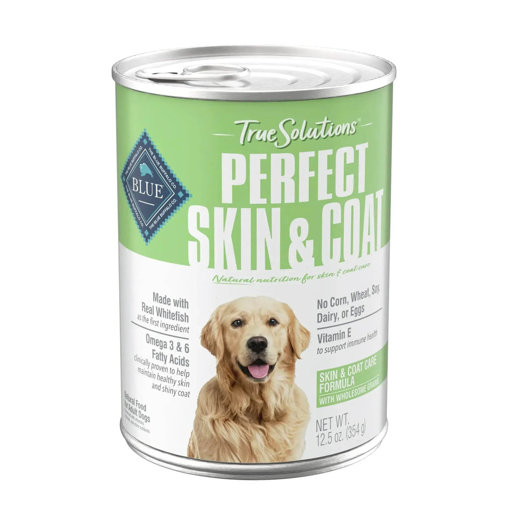 Blue Buffalo True Solutions Perfect Skin & Coat wet dog food can with real whitefish for healthy skin and shiny coat