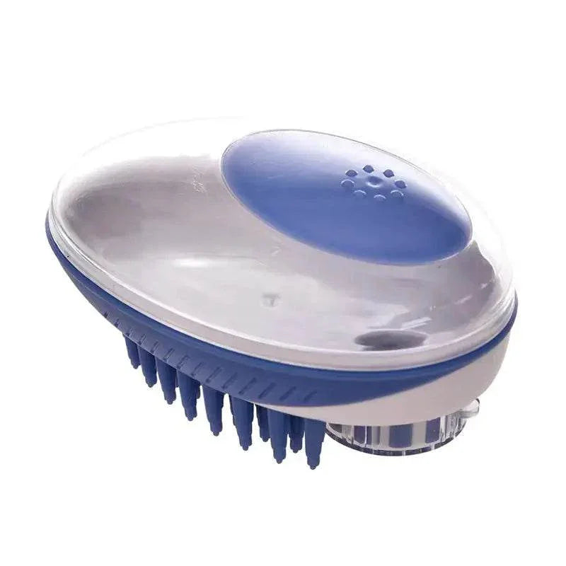 Blue and white pet grooming brush with soft bristles for dog and cat care