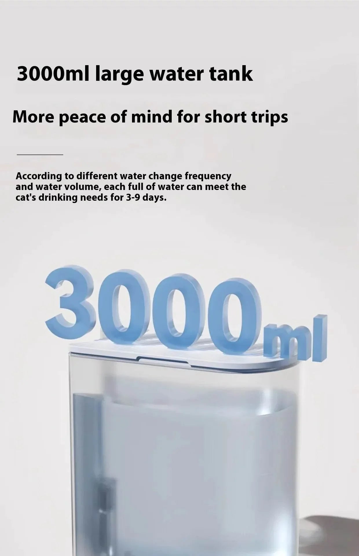 3000ml large capacity cat water dispenser for short trips, meets 3-9 days drinking needs
