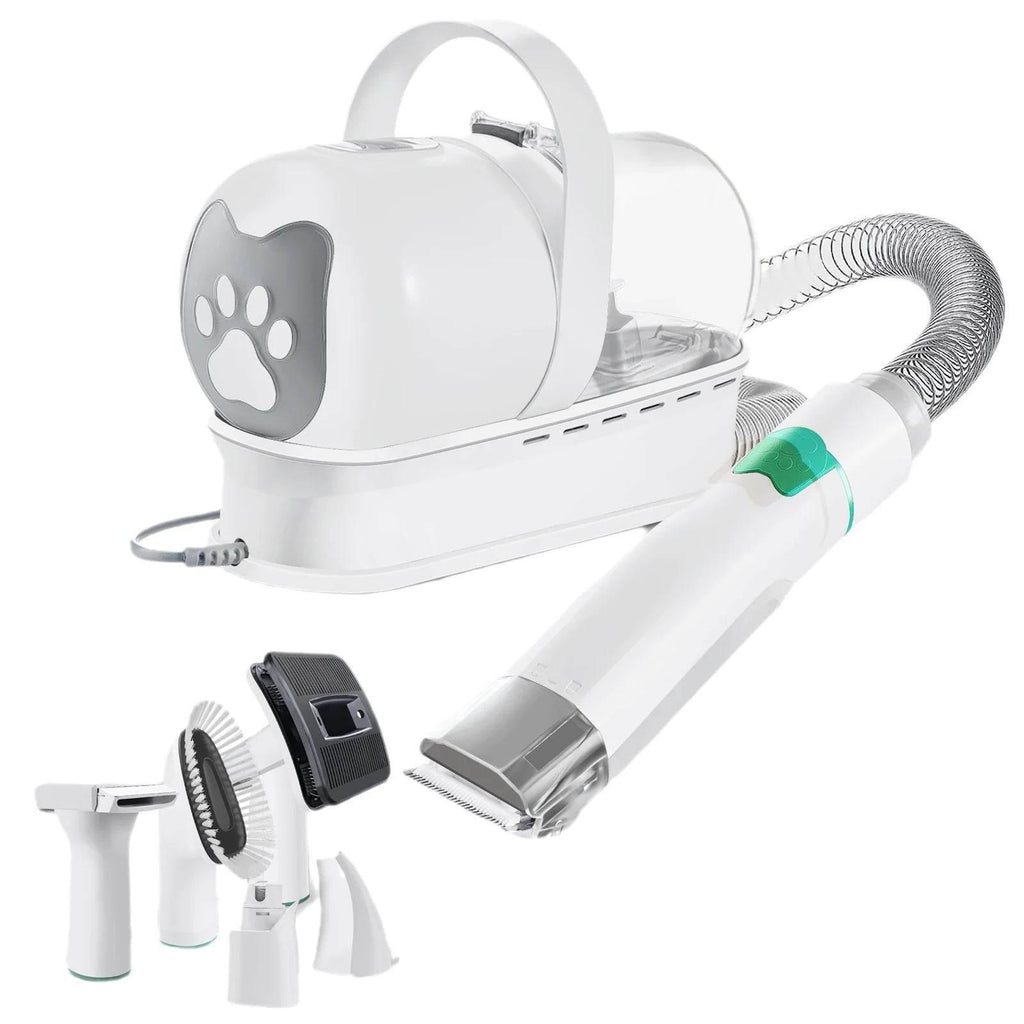 Pet grooming vacuum with attachments for dogs and cats, featuring cat paw design and flexible hose