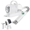 Pet grooming vacuum with attachments for dogs and cats, featuring cat paw design and flexible hose