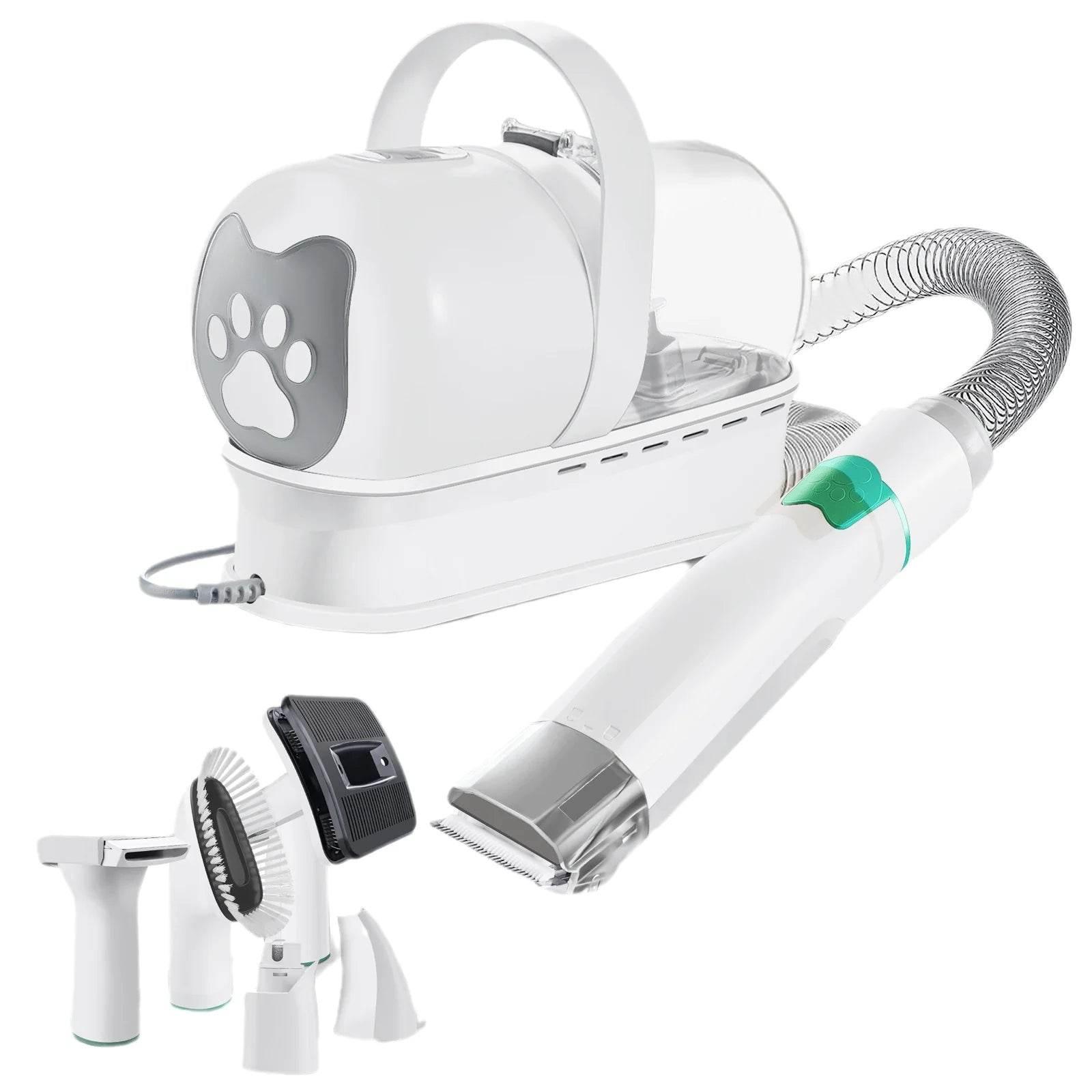 Pet grooming vacuum with attachments for dogs and cats, featuring cat paw design and flexible hose
