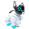Interactive robotic dog toy with blue LED eyes and white body for kids and pet lovers