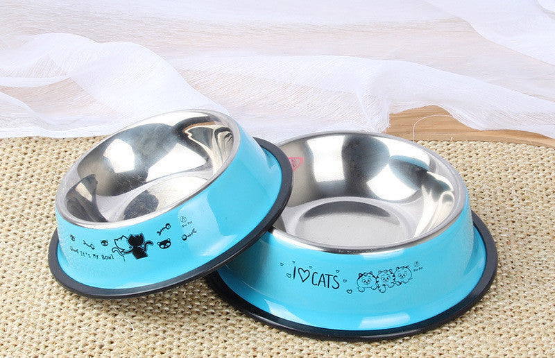 Blue cat food bowls with stainless steel interior, non-slip base, and cute cat designs for pet feeding
