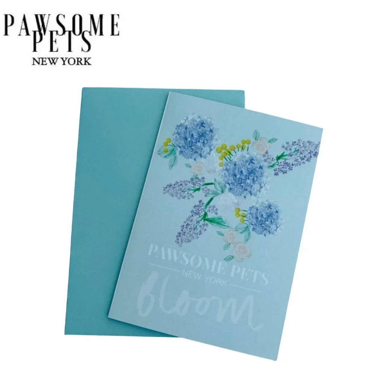 Pawsome Pets Bloom floral notebook with blue hydrangea design, pet-themed stationery for dog and cat lovers