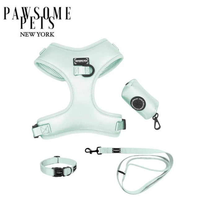 Mint green dog harness, leash, collar, and waste bag dispenser set by Pawsome Pets New York