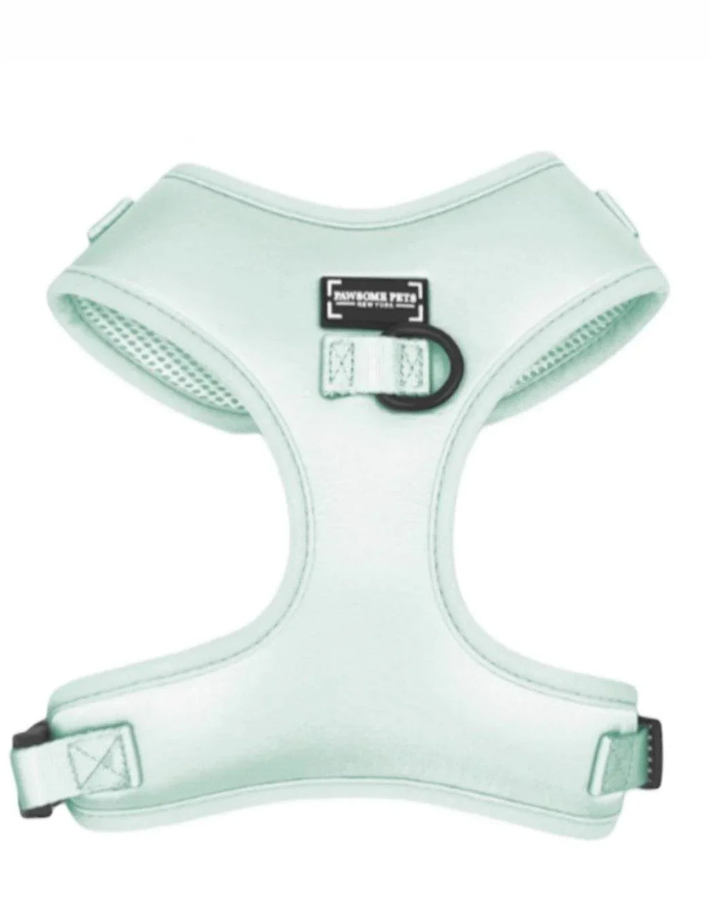 Mint green dog harness with breathable mesh, adjustable straps, and metal D-ring for leash attachment