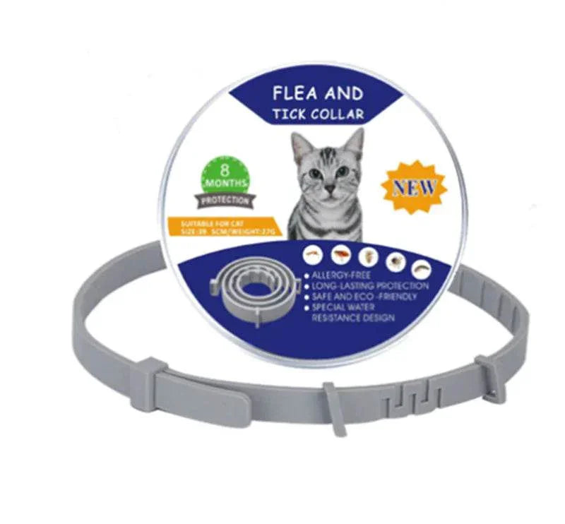 Gray flea and tick collar for cats with 8 months protection, allergy-free and water-resistant design