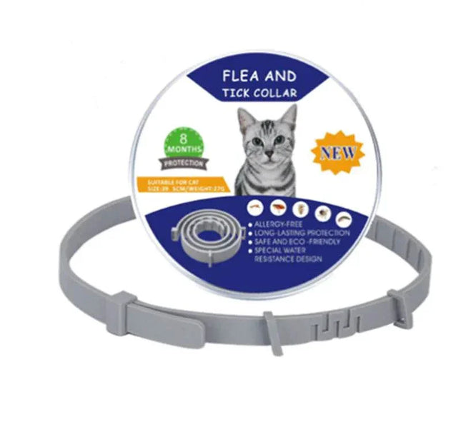 Gray flea and tick collar for cats with 8 months protection, allergy-free and water-resistant design