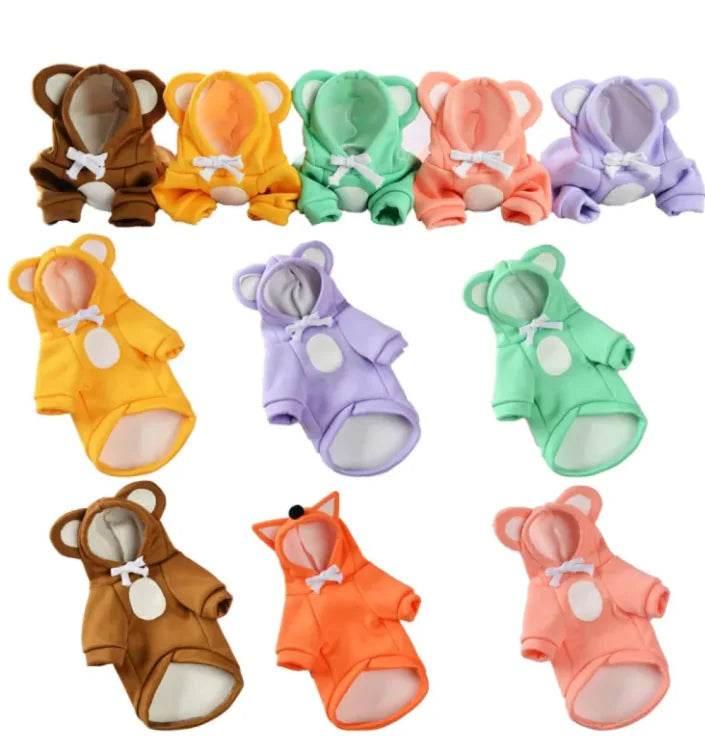 Cute bear and fox pet hoodies in multiple colors for small dogs or cats, cozy pet clothing essentials