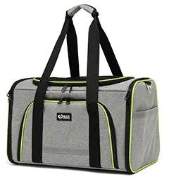 Gray pet travel carrier bag with black handles and neon green trim, ideal for dogs and cats