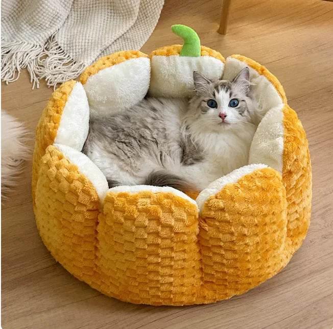 Fluffy cat in cozy pumpkin-shaped pet bed, soft plush cat nest for indoor comfort