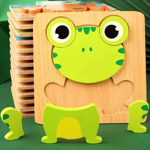 Wooden frog puzzle toy for kids, educational pet-themed learning game with colorful pieces