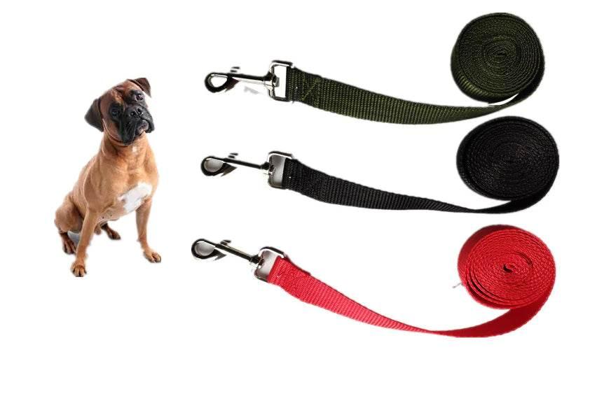 Boxer dog with three durable dog leashes in green, black, red ? ideal pet accessories for walks and training.