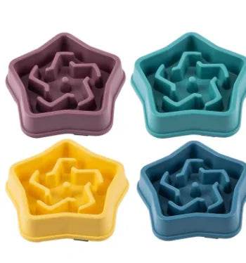 Colorful star-shaped slow feeder bowls for dogs and cats, promoting healthy eating habits with interactive design.