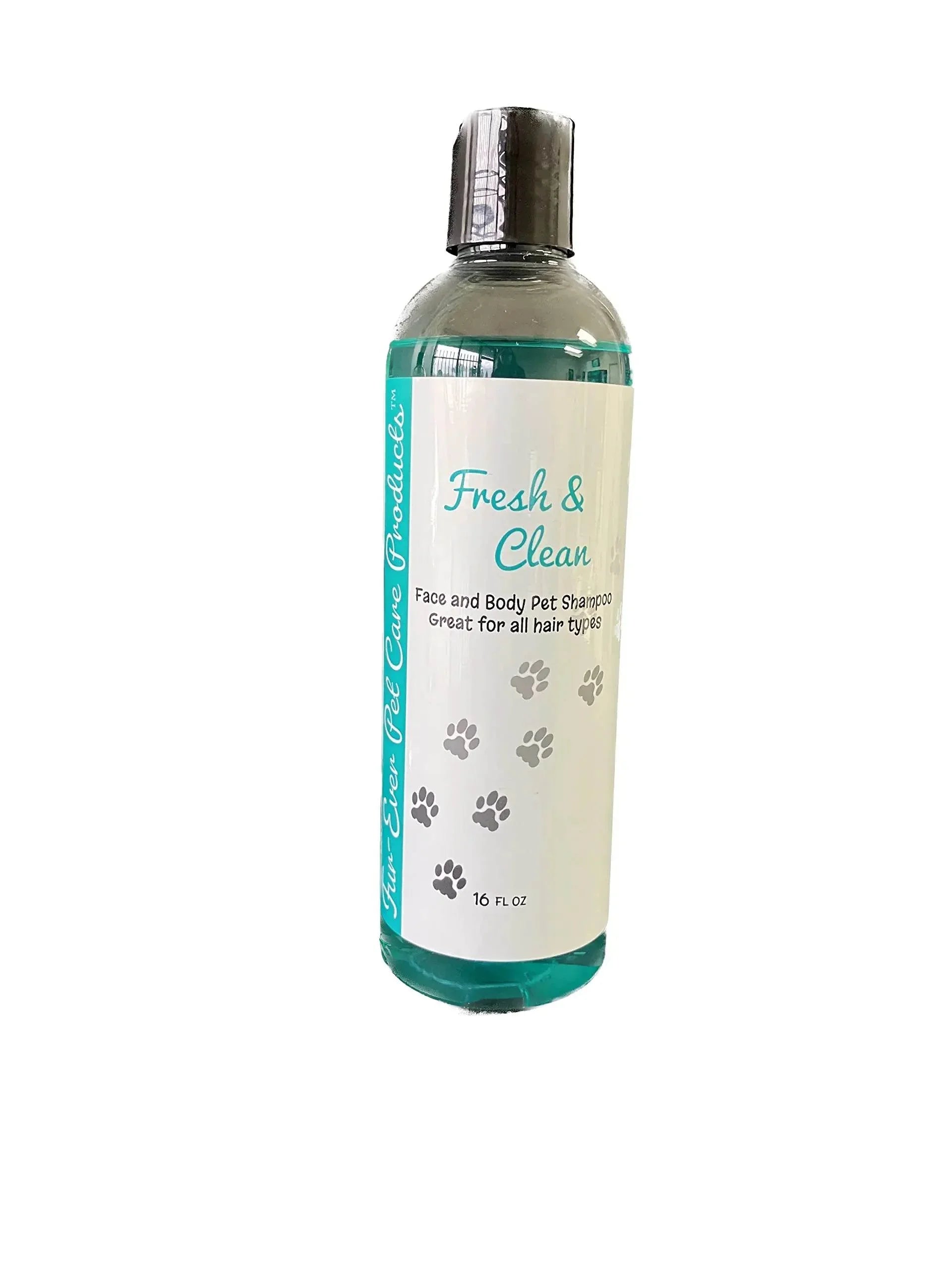 Fresh & Clean face and body pet shampoo for all hair types, 16 fl oz bottle with paw prints