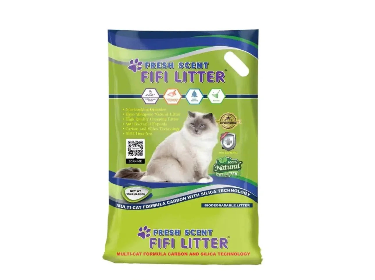 Fresh Scent Fifi Litter bag with cat, natural clumping formula, silica & carbon tech, biodegradable