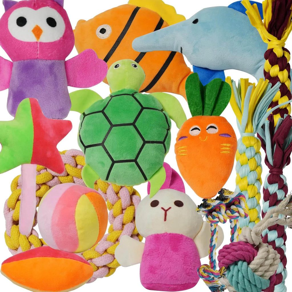 Colorful plush pet toys including owl, turtle, carrot, rope chew toys for dogs and cats