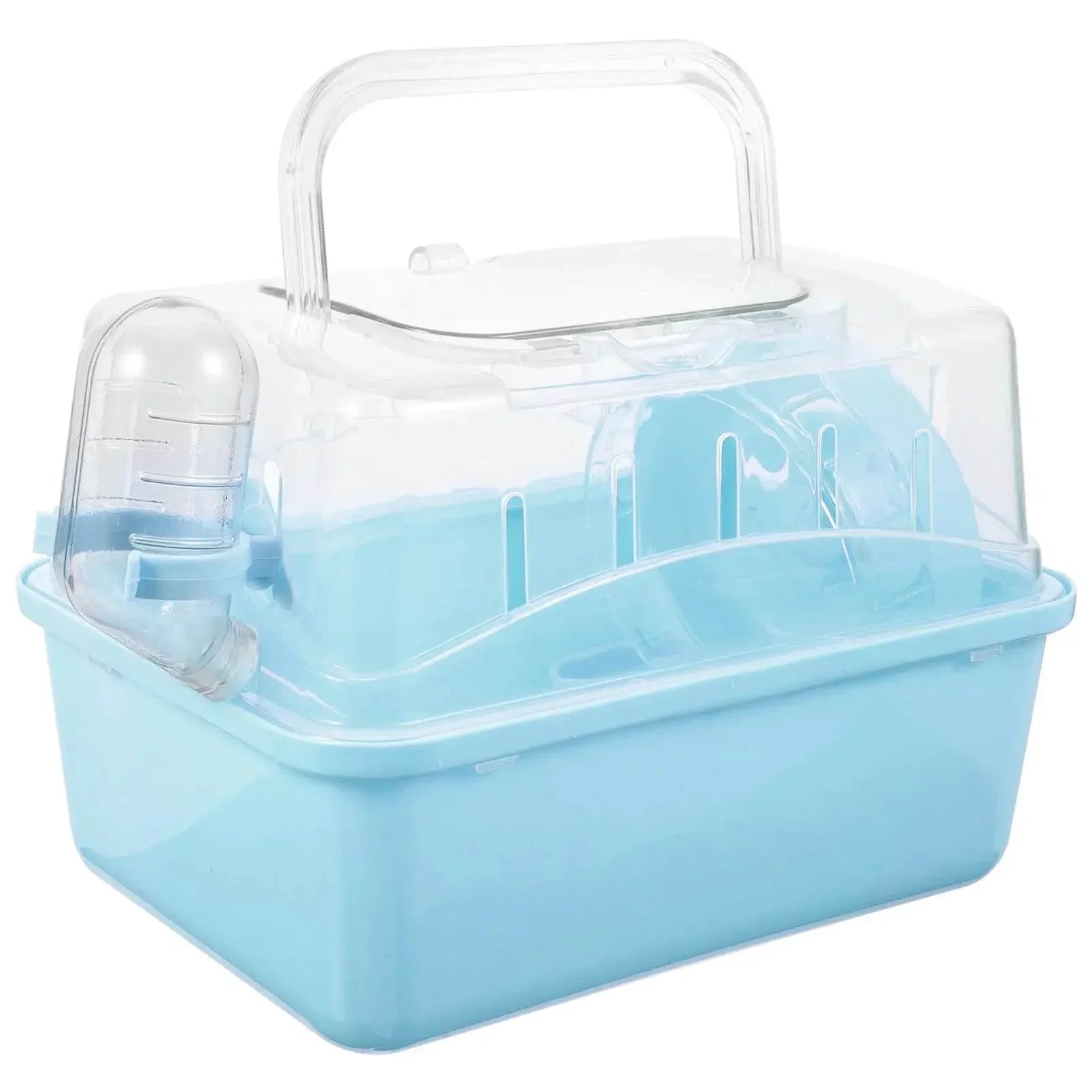 Light blue small pet carrier with clear lid and water bottle, ideal for hamsters or gerbils