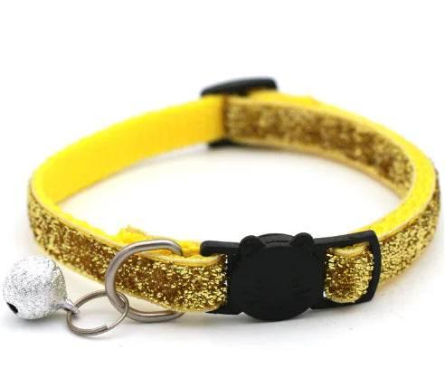 Yellow glitter cat collar with silver bell and black buckle for pet safety and style