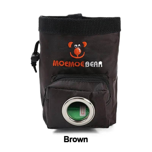 Brown Moemoe Bear dog training treat pouch with zipper pocket and metal dispenser ring