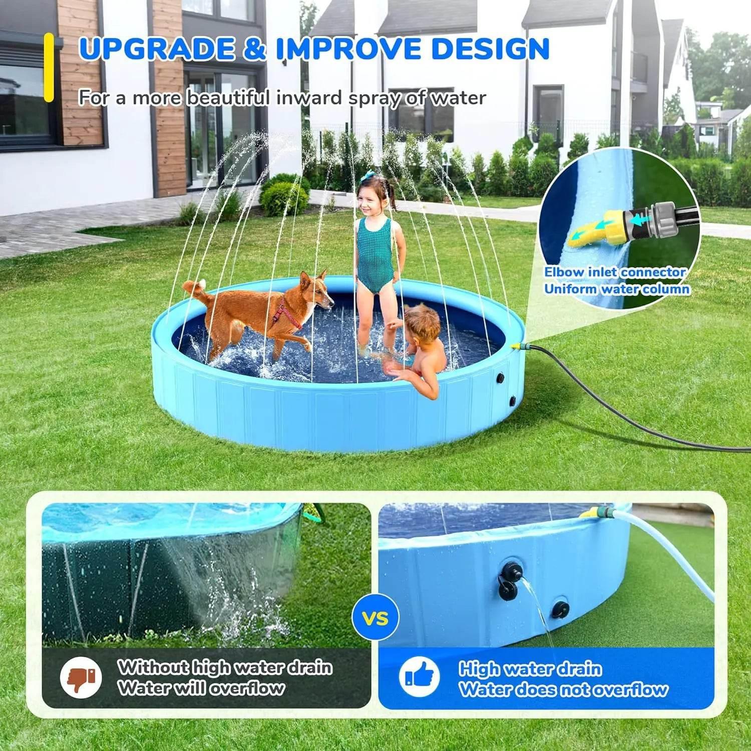 Kids and dog playing in blue splash pad with spray jets, garden water fun for pets and children